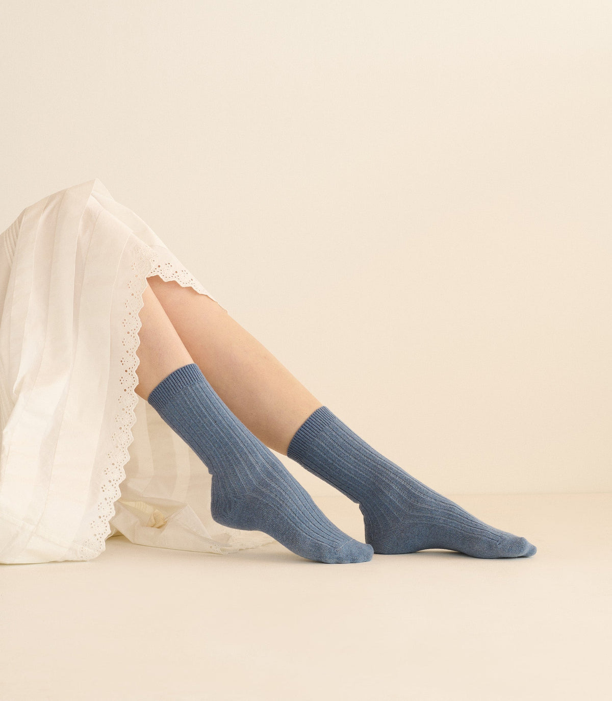 Collégien Merino Cashmere Ribbed Crew Socks -- Bleu Jeans