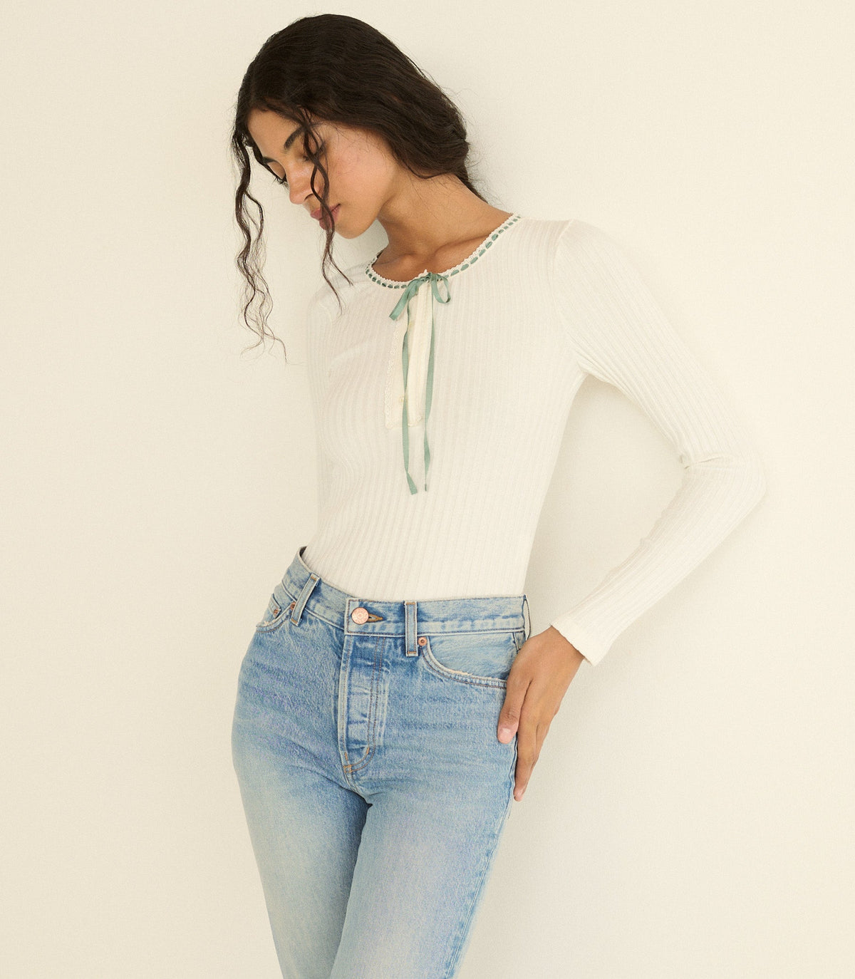Lidie Tee -- Salt With Cloud Blue Ribbon